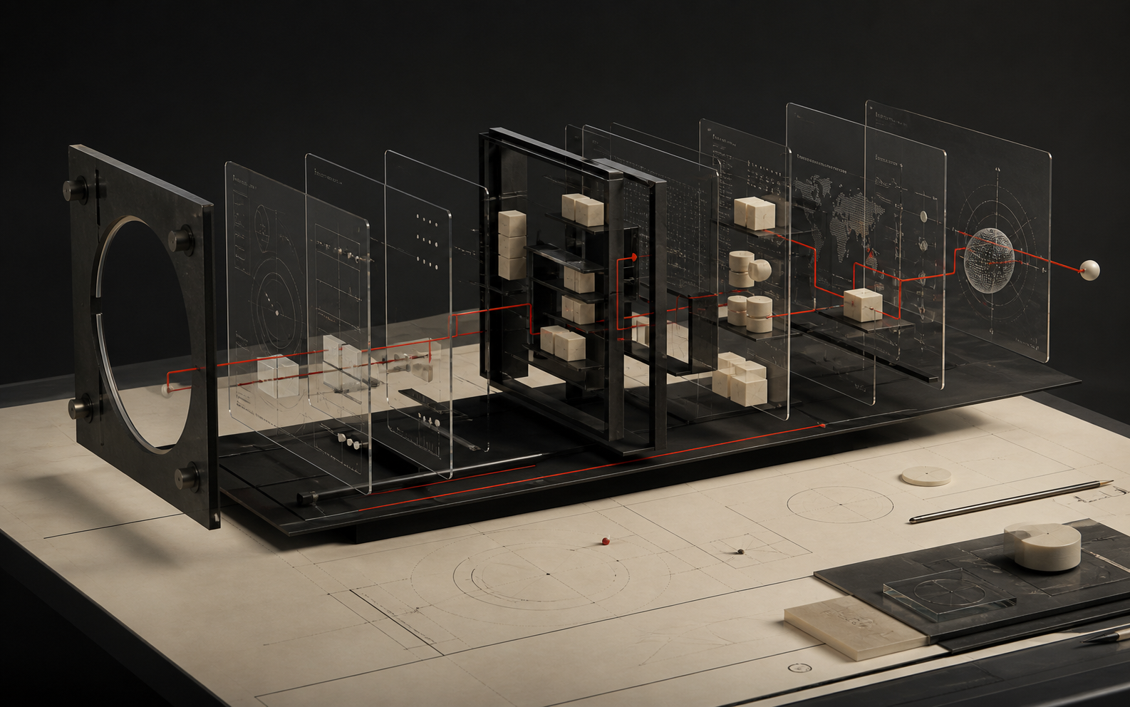 Architecture numérique représentée par des plans d’interface transparents reliés par un chemin rouge